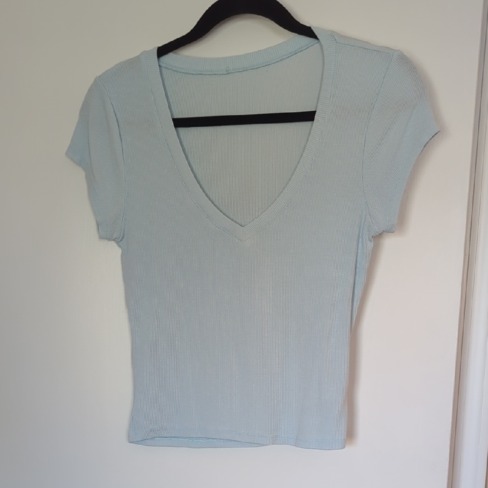 Charlotte Russe Sky Blue V-Neck Ribbed Tee